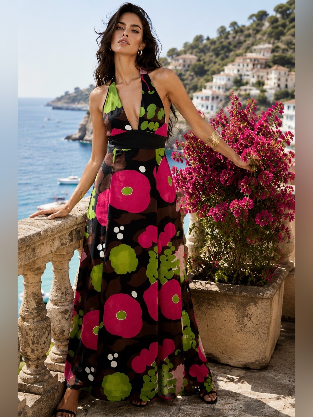 Vintage Kenzo Silk Halter Maxi Dress Open Back Abstract Floral EU 38 US 6